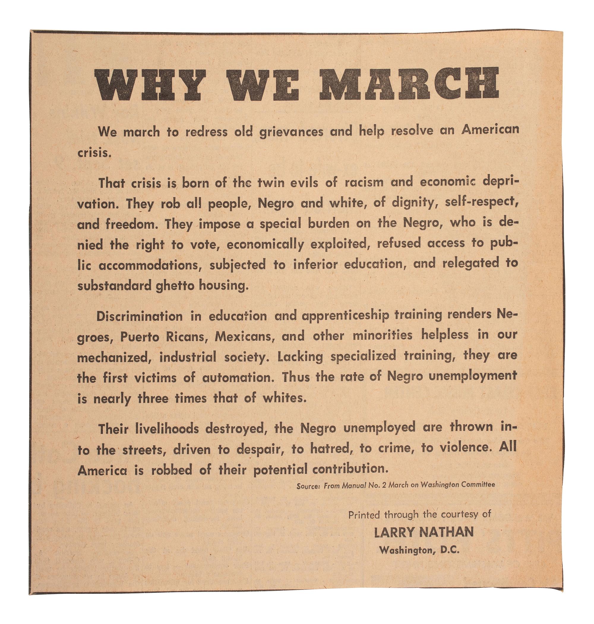 [CIVIL RIGHTS]. Final Plans for the March on Washington for Jobs and Freedom. Organizing Manual No. 2 . New York: National Office, March on Washington, 1963.