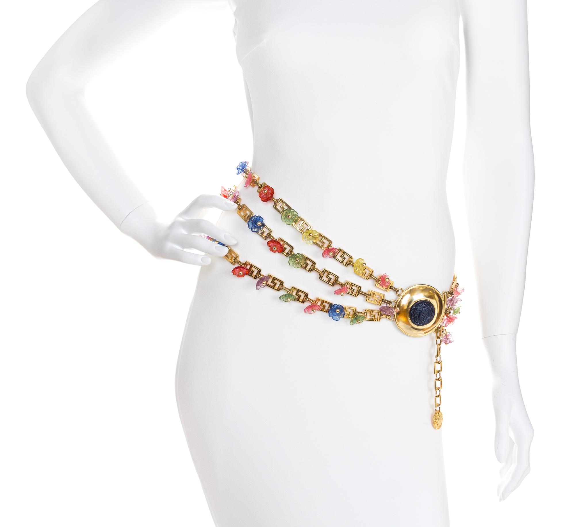 A Gianni Versace Multicolor Floral and Greco Link Triple Strand Belt, Chain Lengths: 28.5"- 32"; Medallion: 2.5" x 2.5".