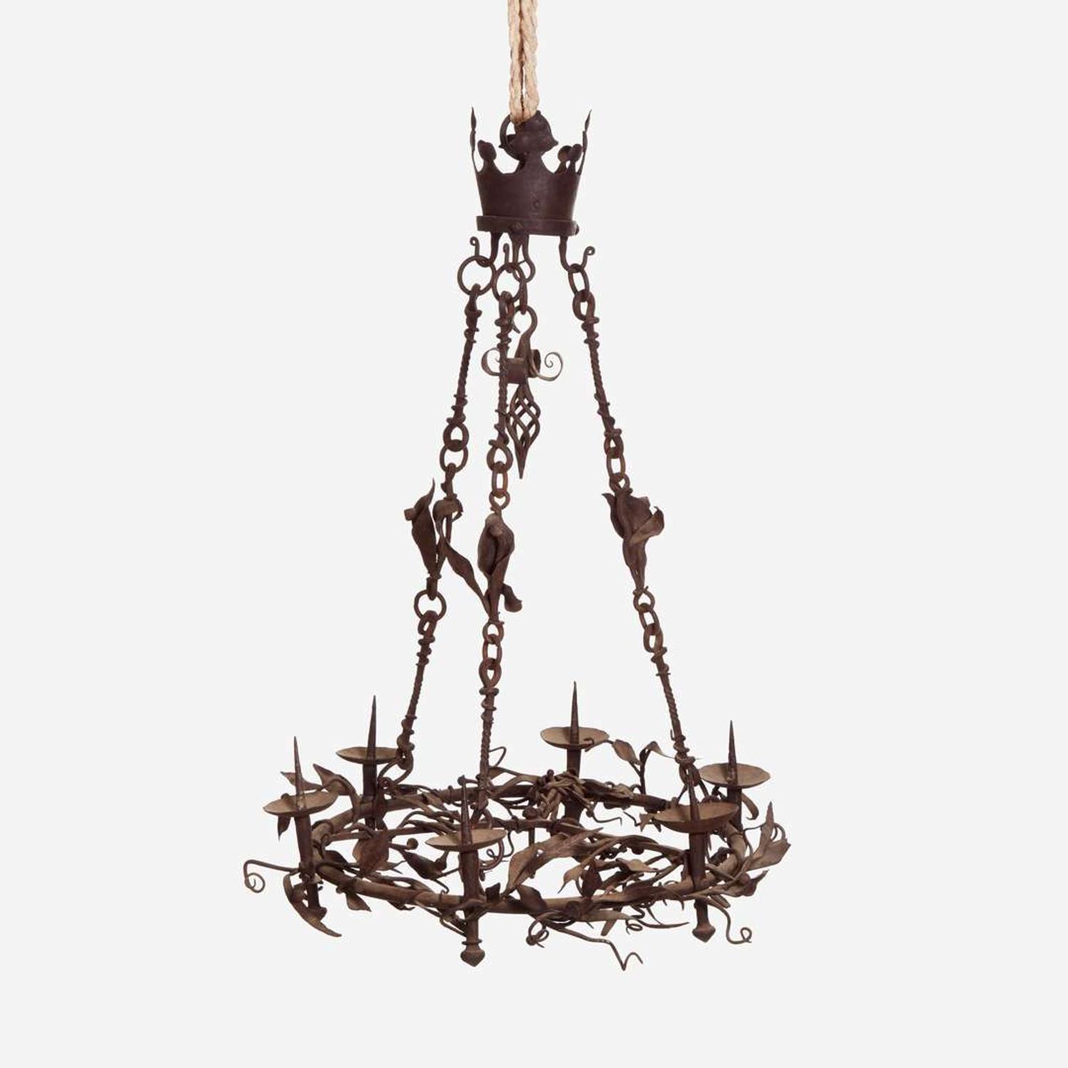 A Gothic Wrought Iron Six-Light Pricket Chandelier French, 15th century or later