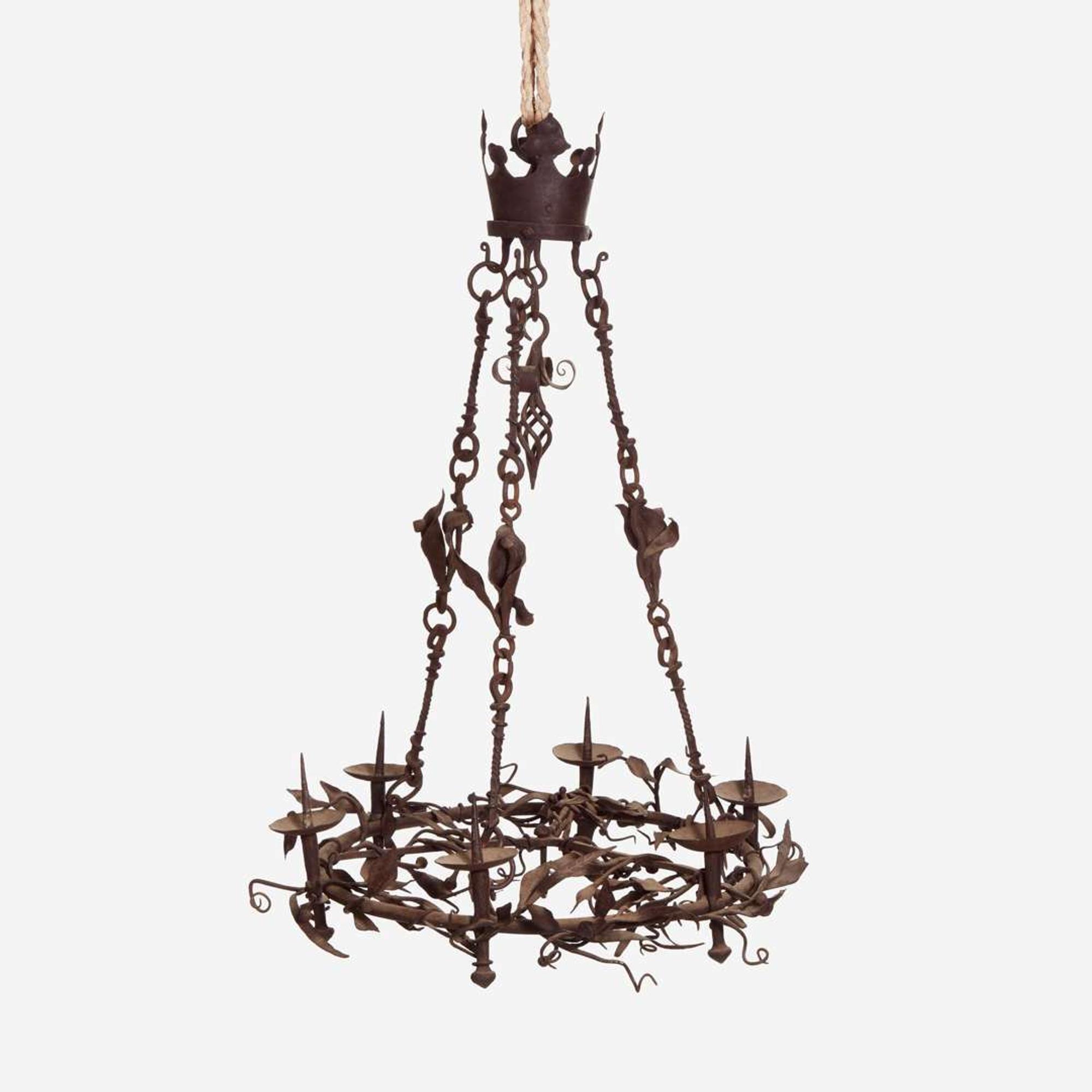 A Gothic Wrought Iron Six-Light Pricket Chandelier French, 15th century or later