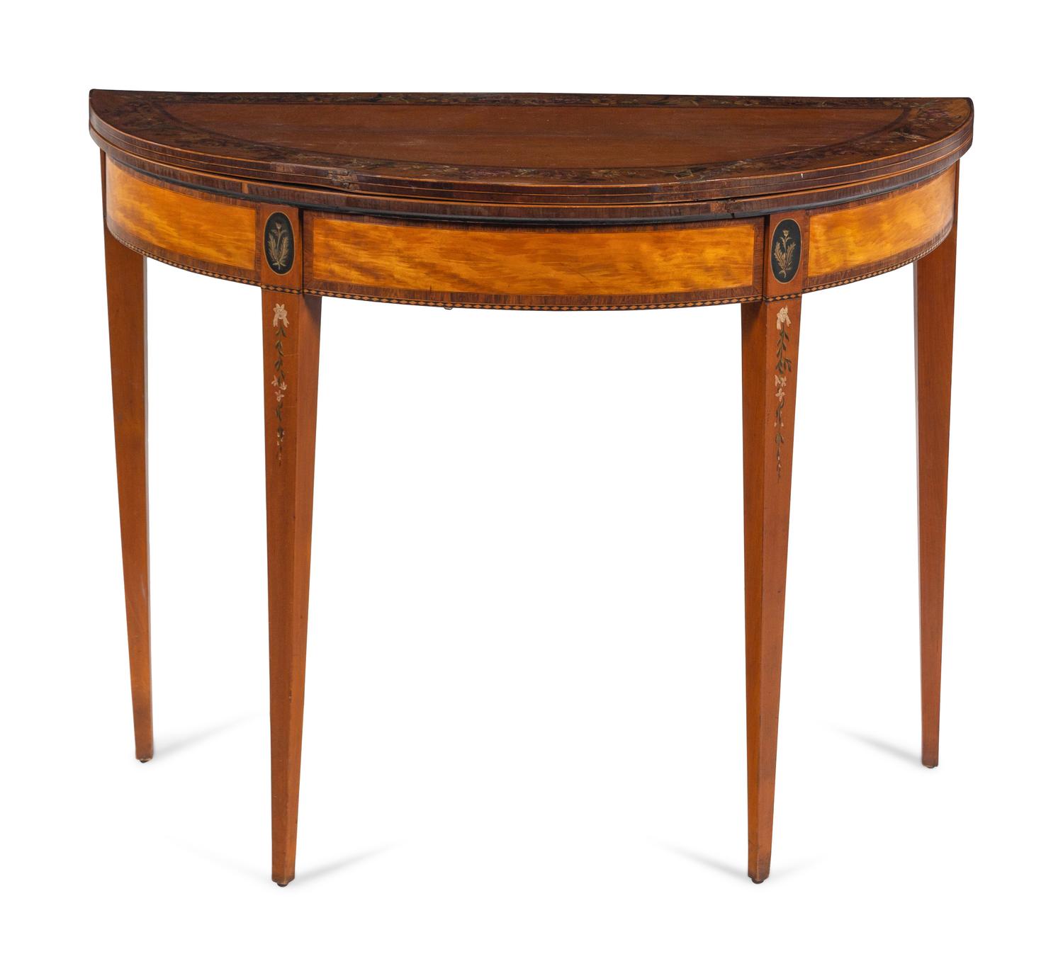An Edwardian Painted Satinwood Flip-Top Game Table