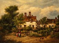 A Woman and a Child Walking Beside a Cottage
