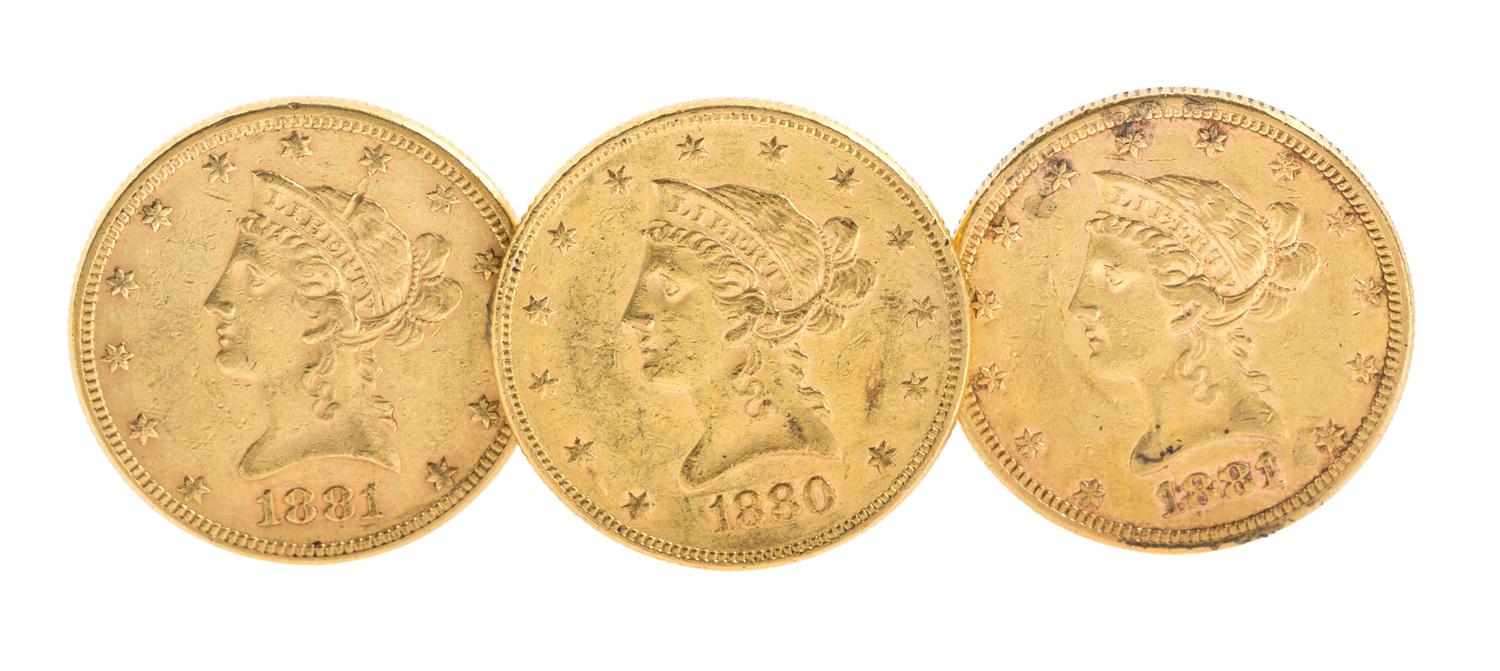 A Group of Three $10 Liberty Head Gold Coins