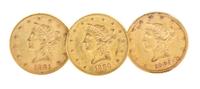 A Group of Three $10 Liberty Head Gold Coins