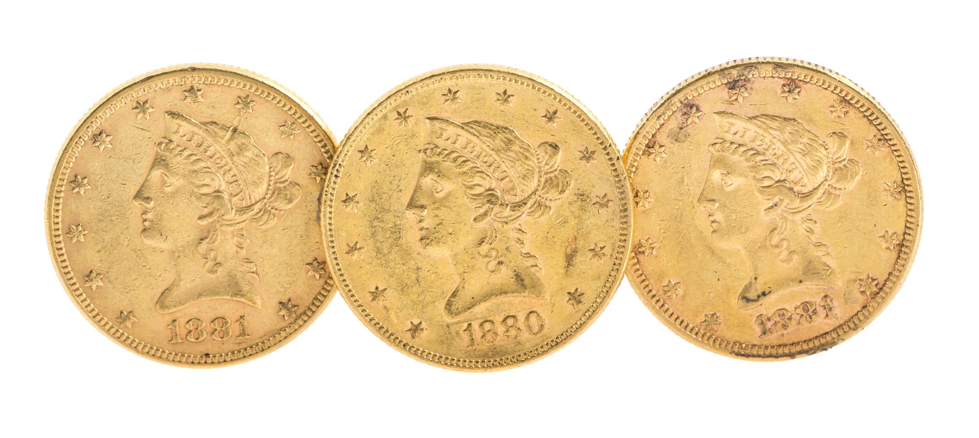 A Group of Three $10 Liberty Head Gold Coins