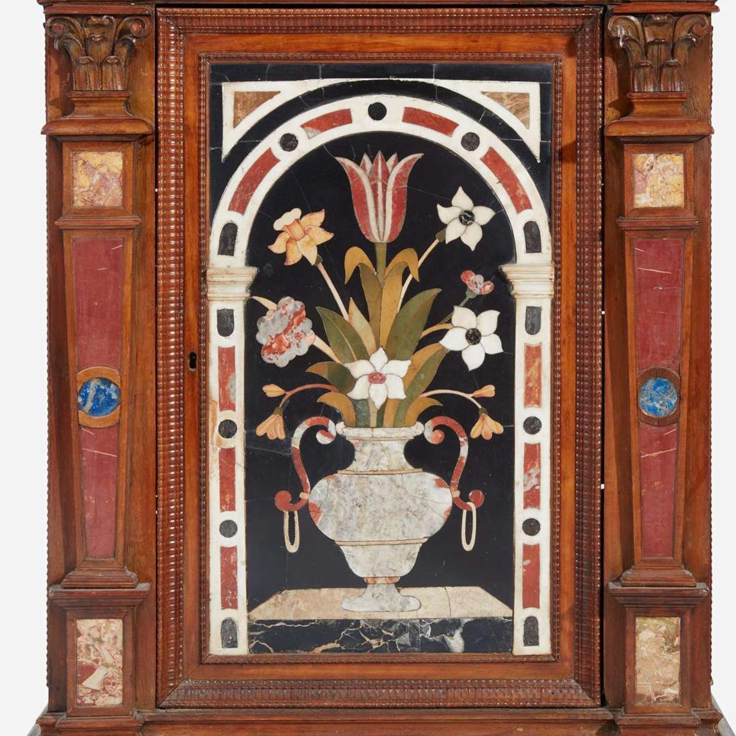 An Italian Renaissance Style Carved Walnut Cabinet with Pietra Dura Panels the cabinet 19th century, the pietra dura 18th century