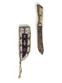 Sioux Beaded Buffalo Hide Knife Sheath and Antler Handle Knife