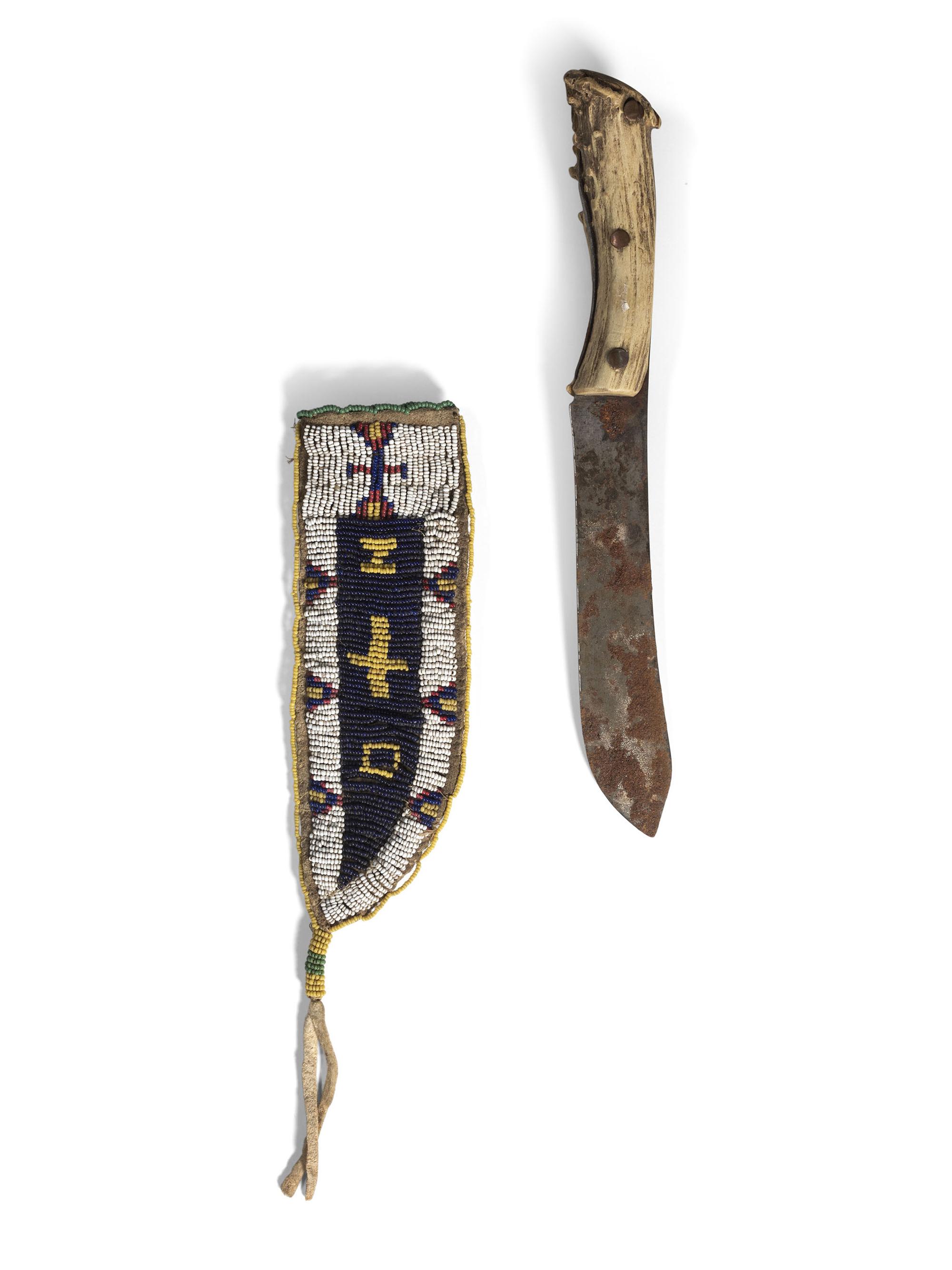 Sioux Beaded Buffalo Hide Knife Sheath and Antler Handle Knife