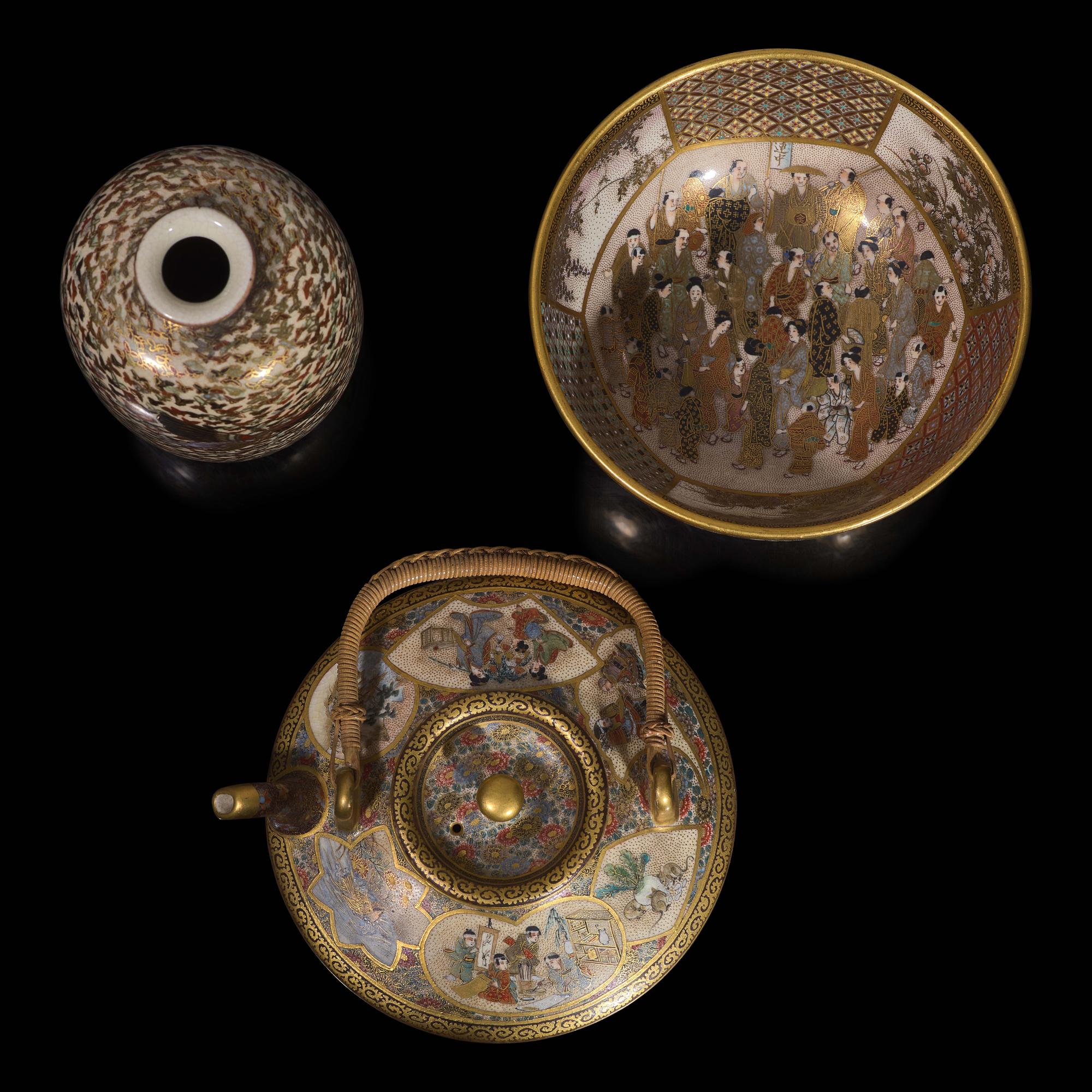A Satsuma-Type Small Saki Pot, Kinkozan Workshop, a Bowl, Shizan, and a Vase, Signed, Meiji Period