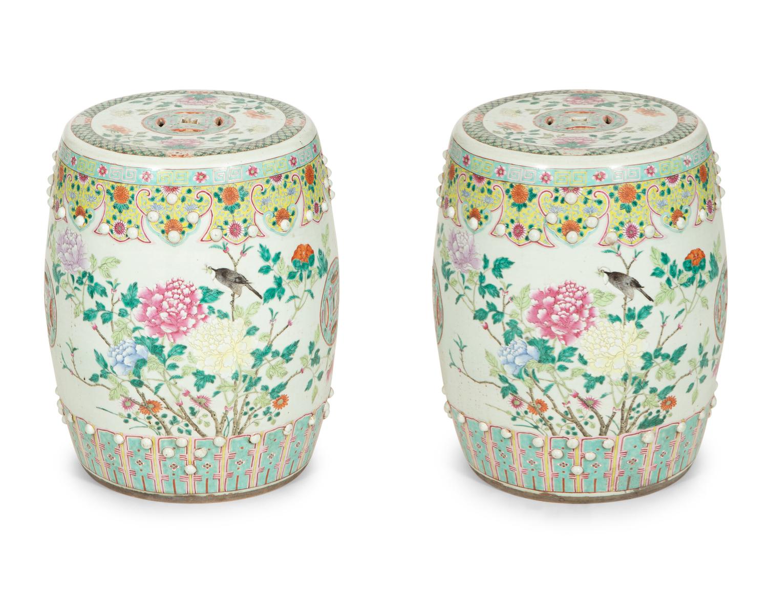 A Pair of Chinese Famille Verte Porcelain Garden Seats