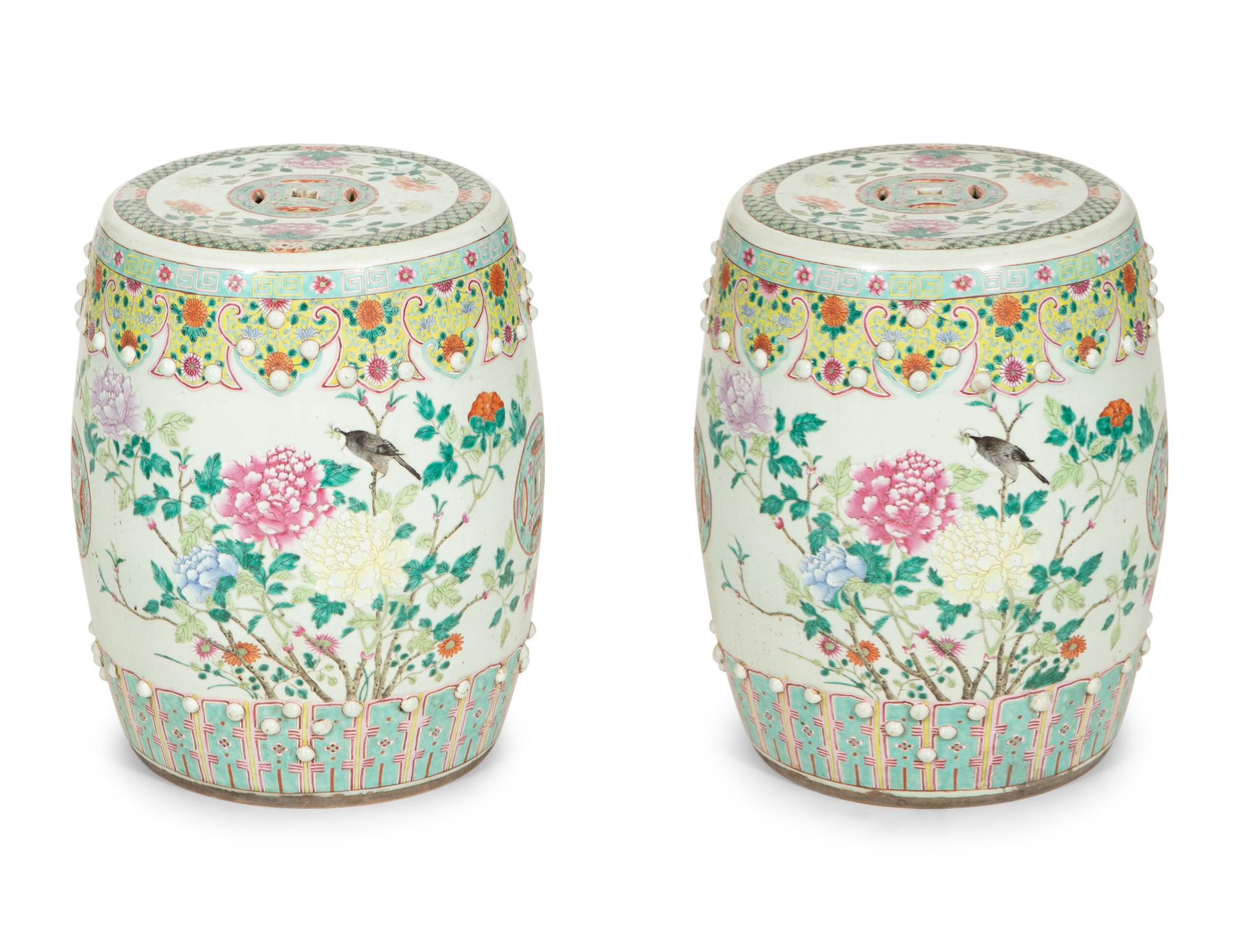 A Pair of Chinese Famille Verte Porcelain Garden Seats