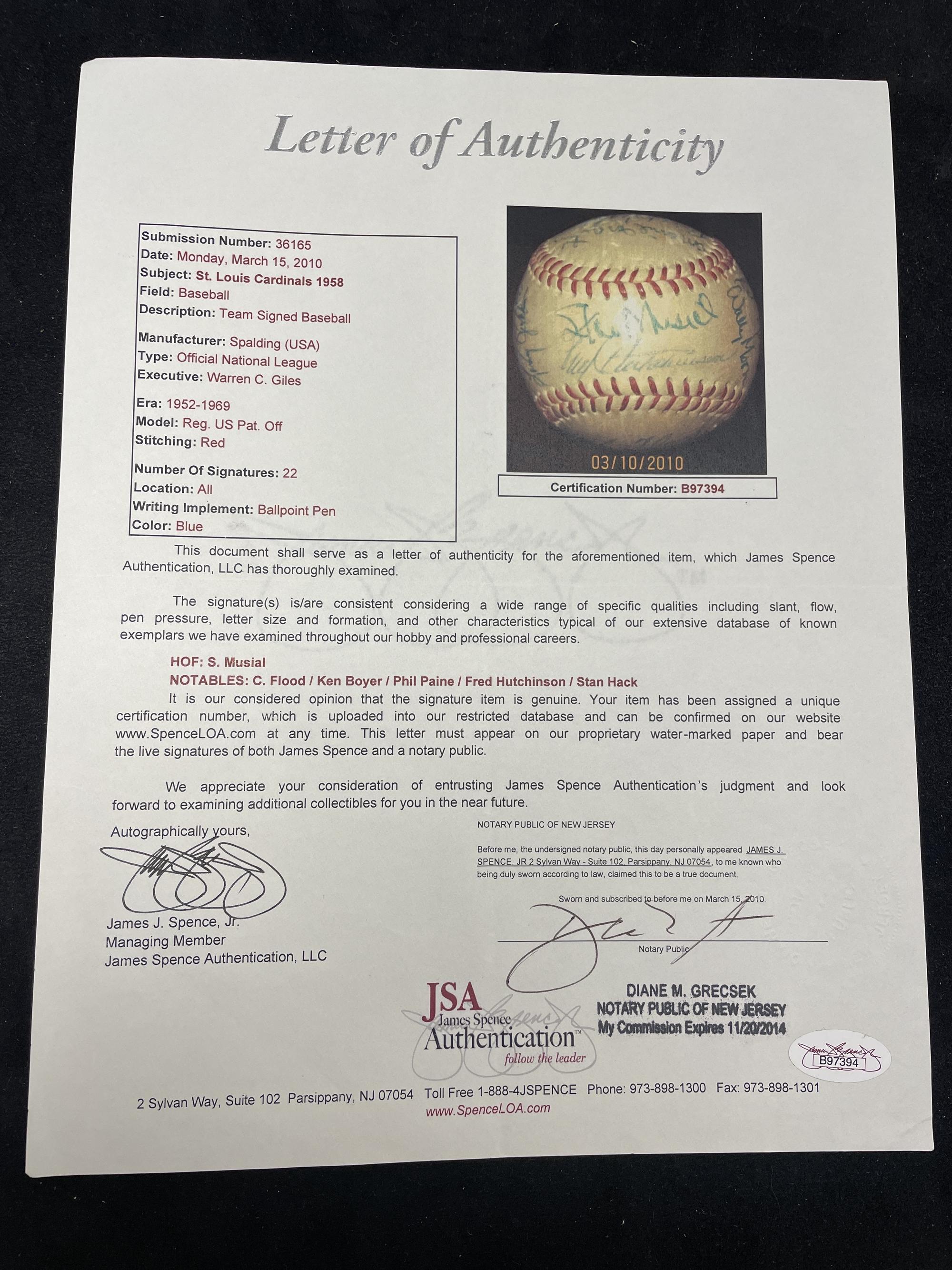 A 1958 St. Louis Cardinals Team Signed Autograph Baseball Featuring Stan Musial (JSA Letter of Authenticity)