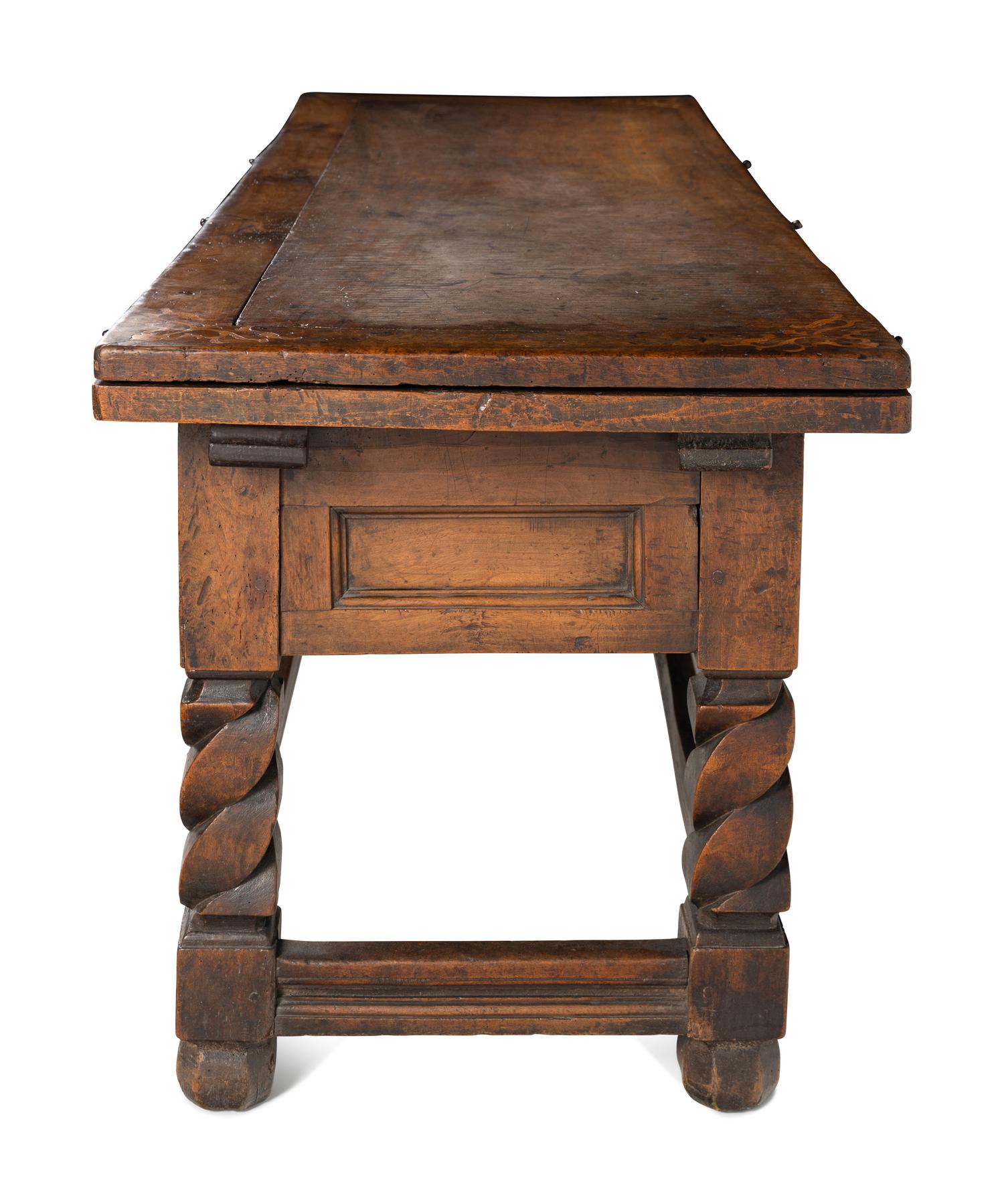 A Swiss Baroque Walnut and Hollywood Marquetry Draw-Leaf Table
