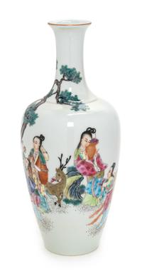 A Chinese Famille Rose 'Ladies in the Garden' Porcelain Bottle Vase Height 8 1/4 inches. — 20TH CENTURY