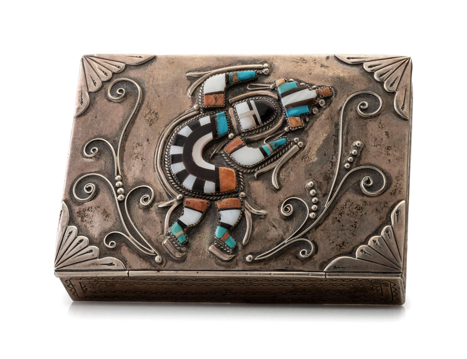 Lidded Sterling Silver Box, with Mosaic Inlay Rainbow Man