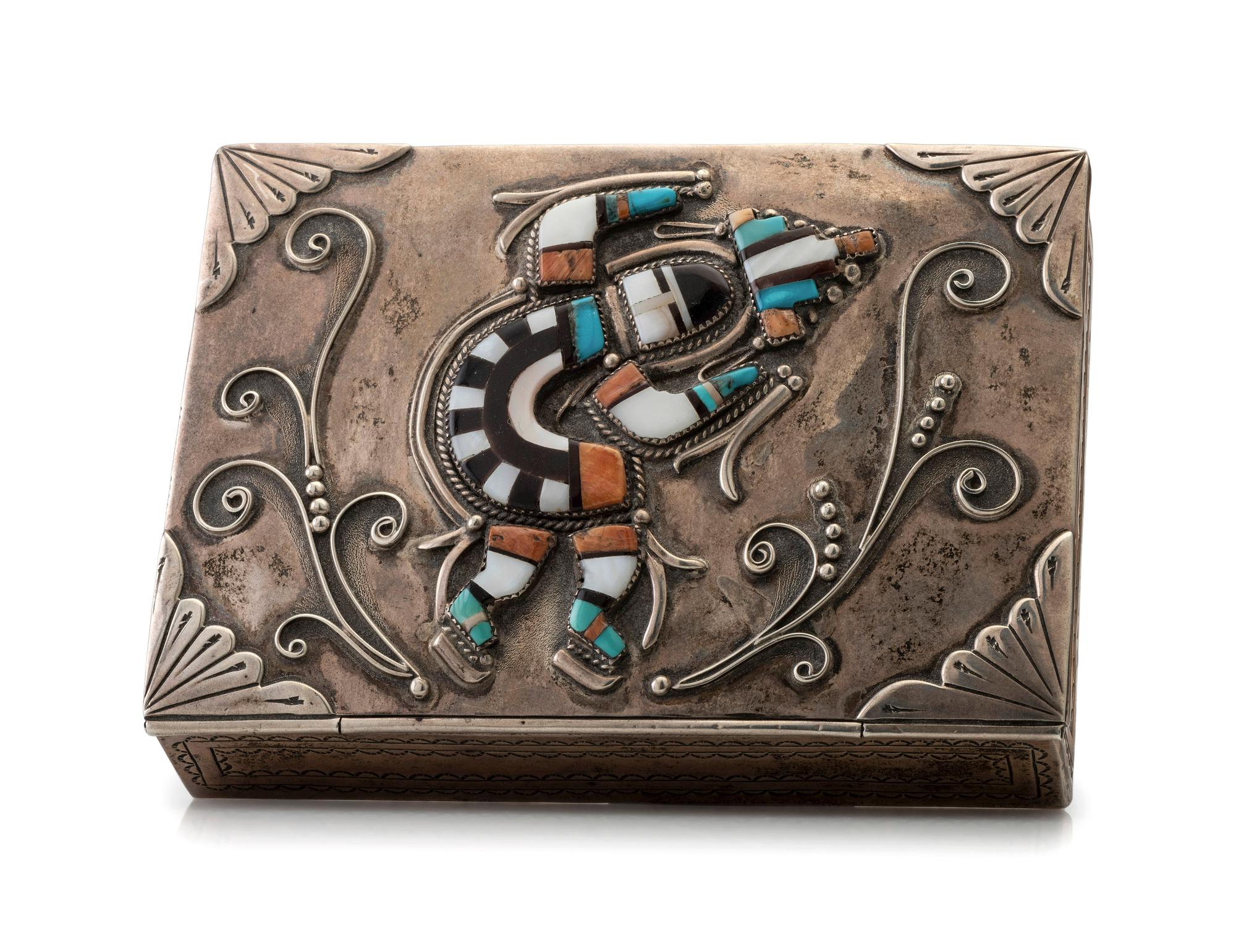 Lidded Sterling Silver Box, with Mosaic Inlay Rainbow Man