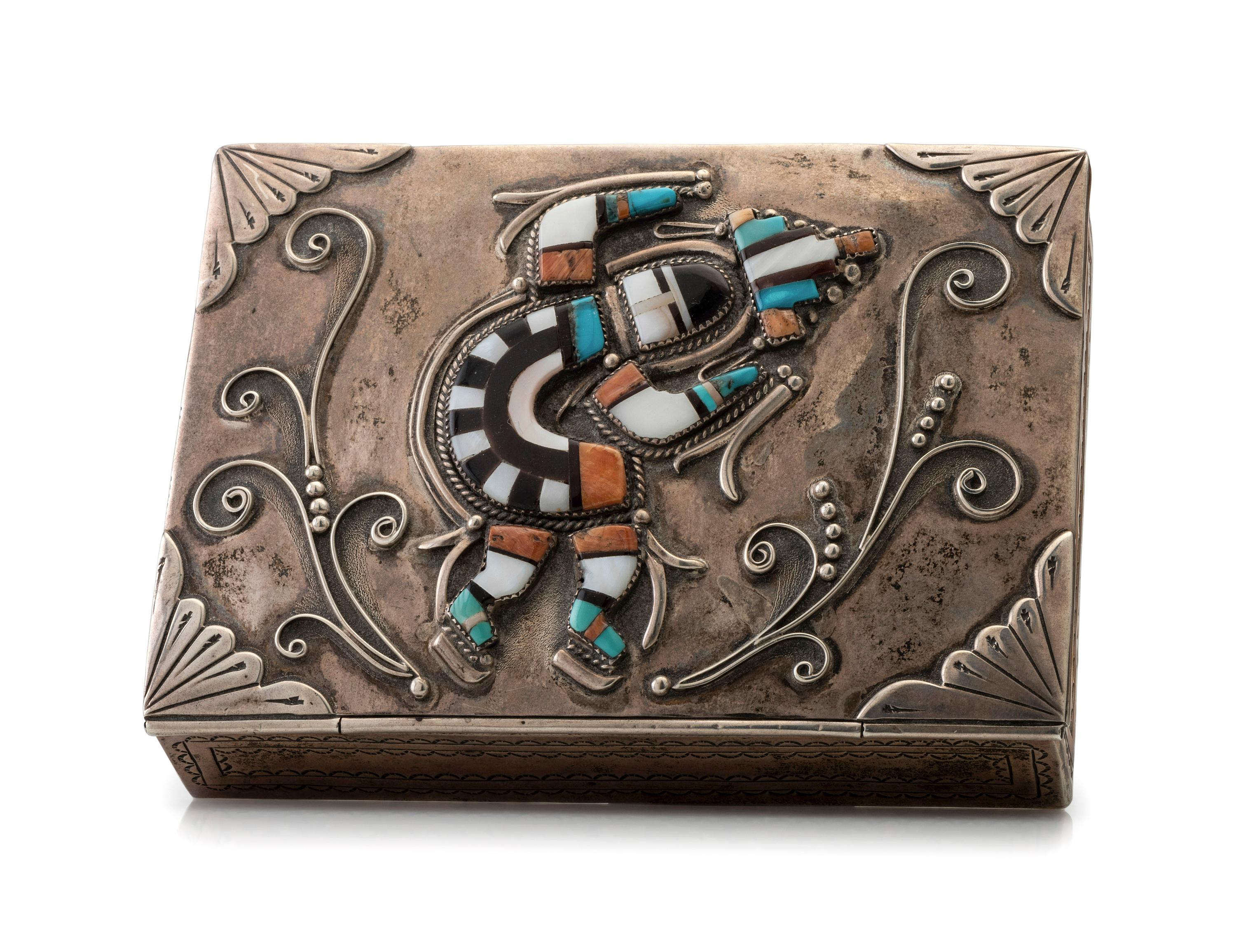 Lidded Sterling Silver Box, with Mosaic Inlay Rainbow Man