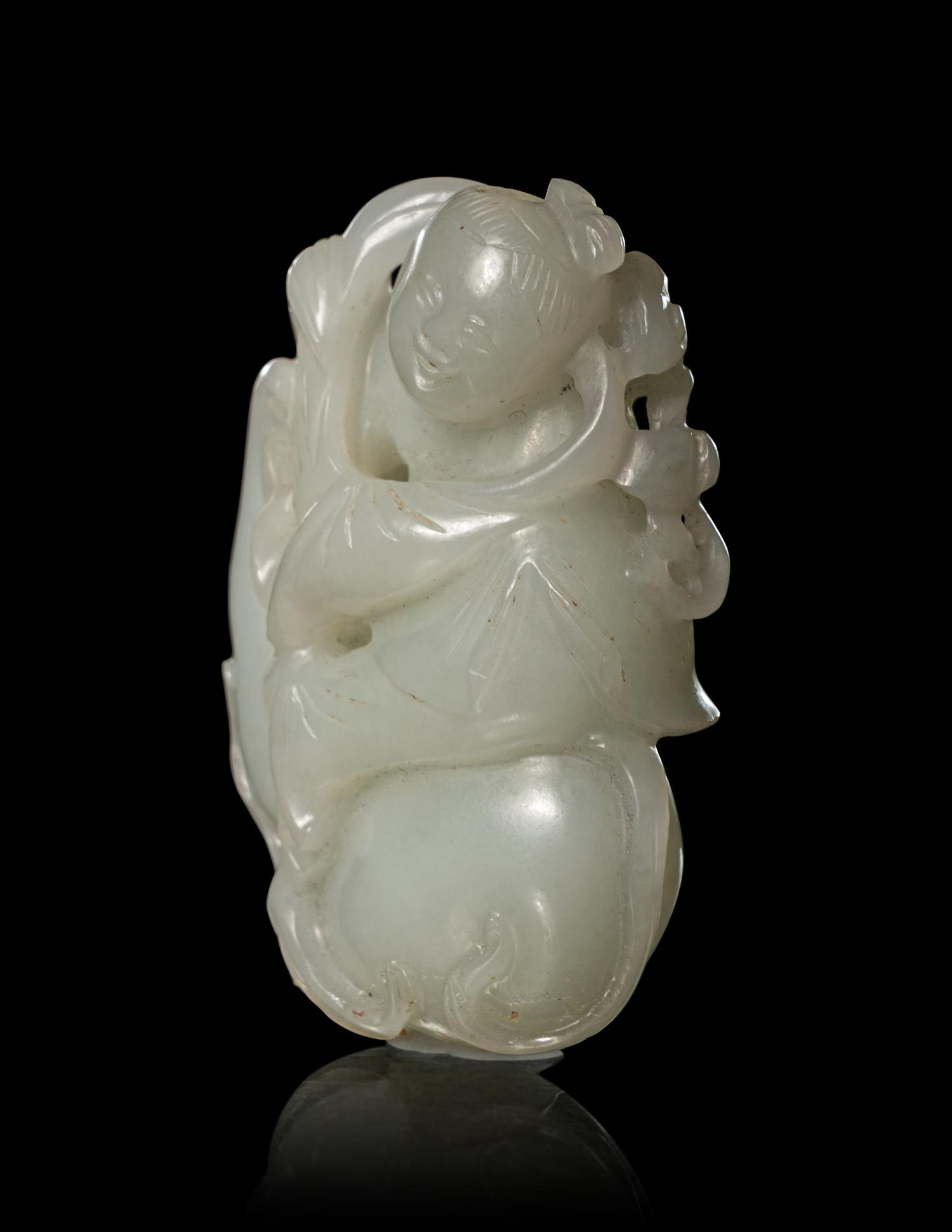 A Carved Pale Celadon 'Boy on Gourd' Snuff Bottle