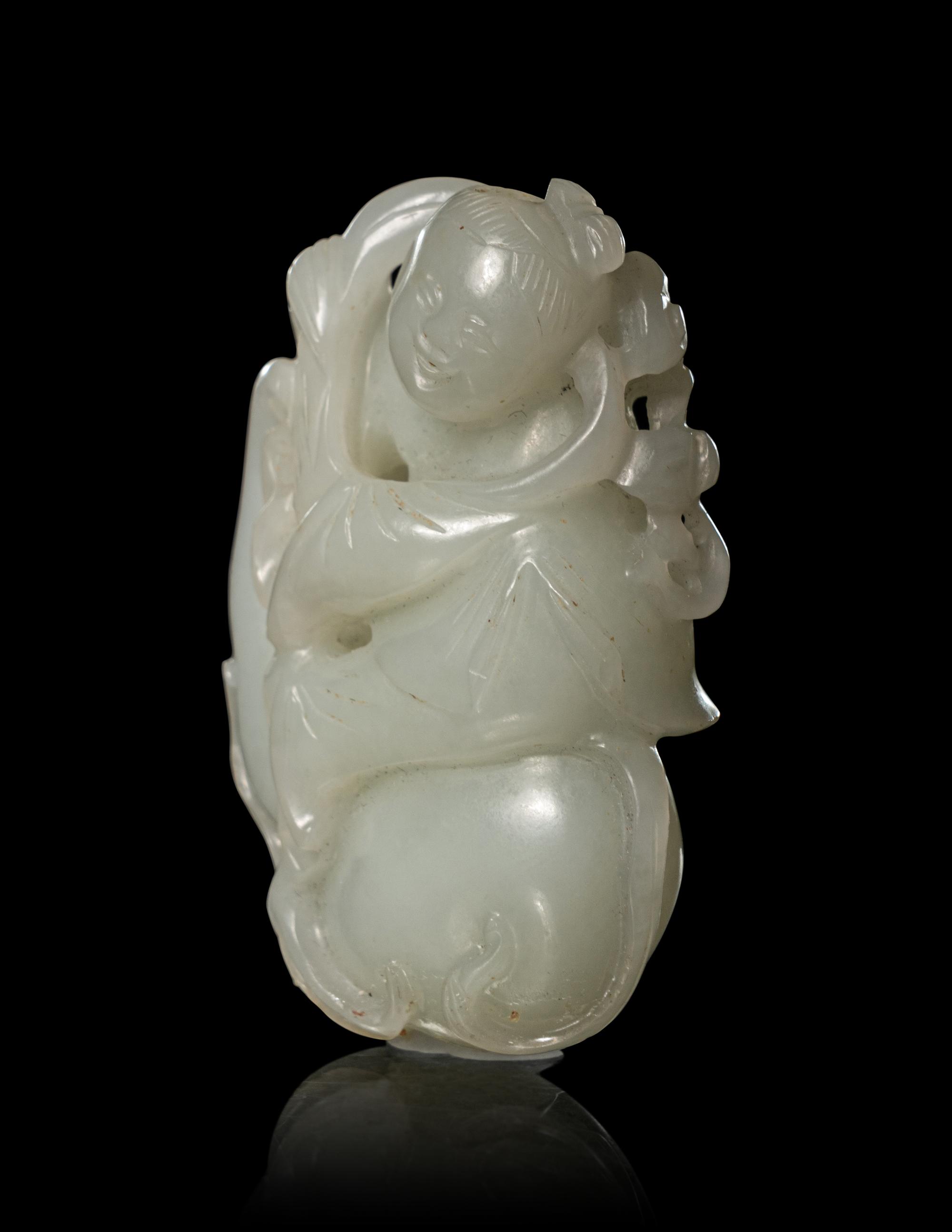 A Carved Pale Celadon 'Boy on Gourd' Snuff Bottle