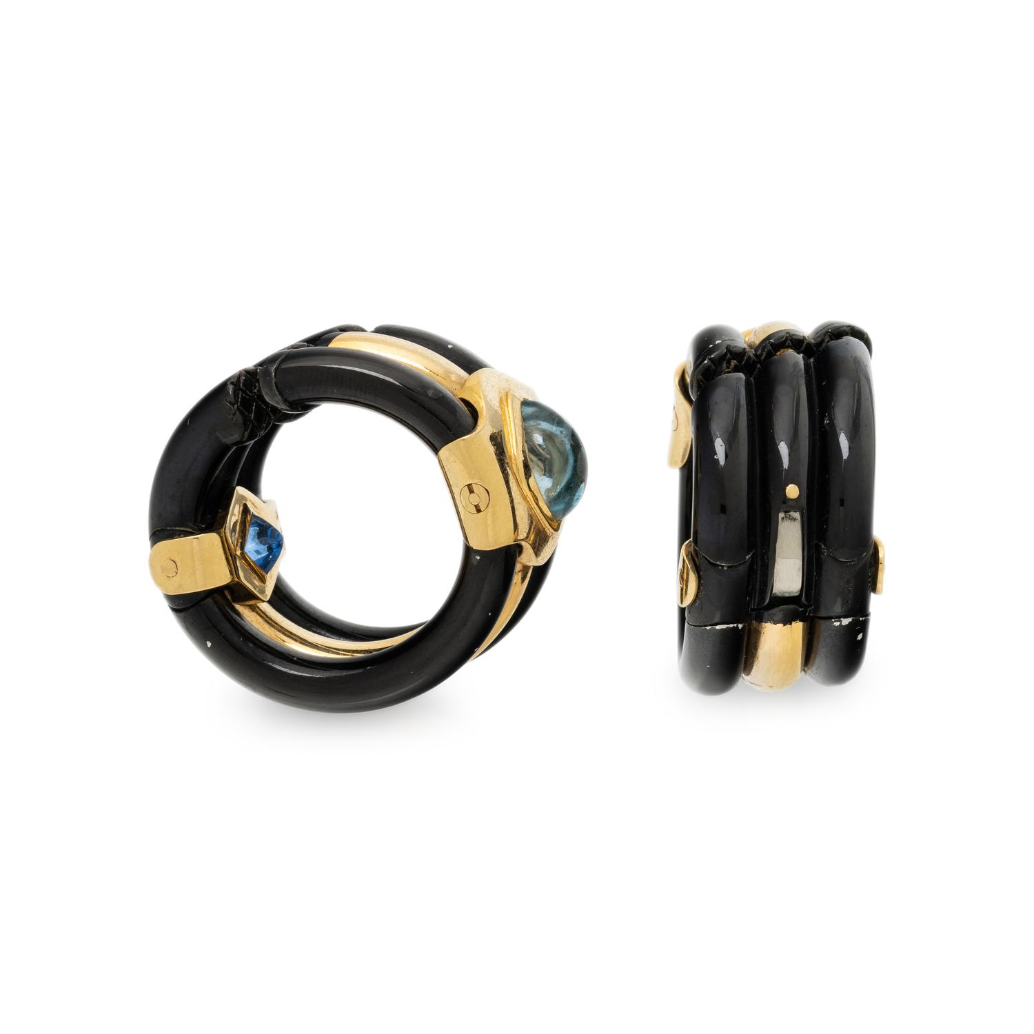 MARINA B., ENAMEL AND GEMSTONE ASYMMETRICAL HOOP EARRINGS