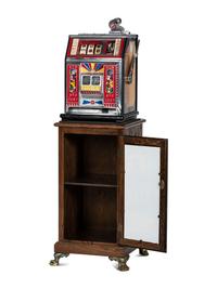 A Watling 1 Cent Dual Jackpot Gum Dispenser Slot Machine on Reverse Printed Glass Inset Golden Nugget Stand