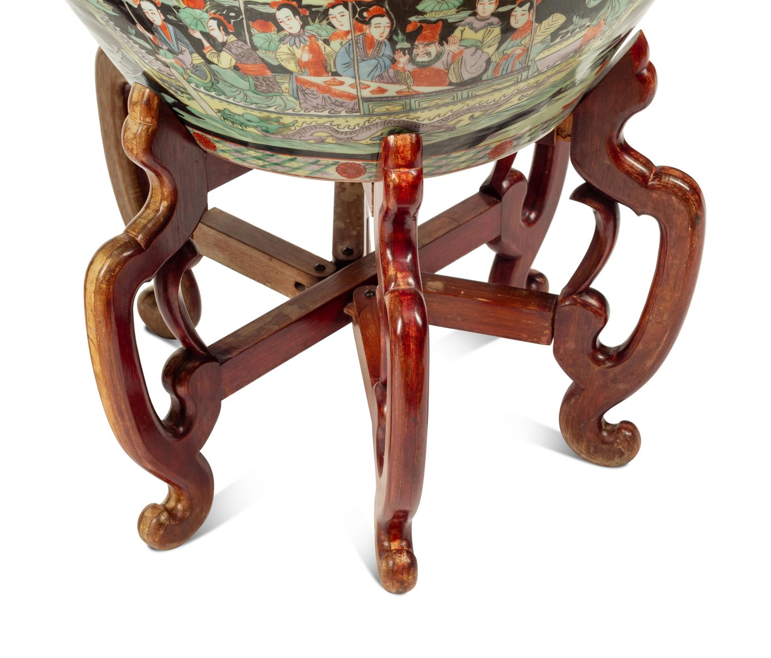 A Pair of Chinese Export Porcelain Fish Bowls with Wood Stands