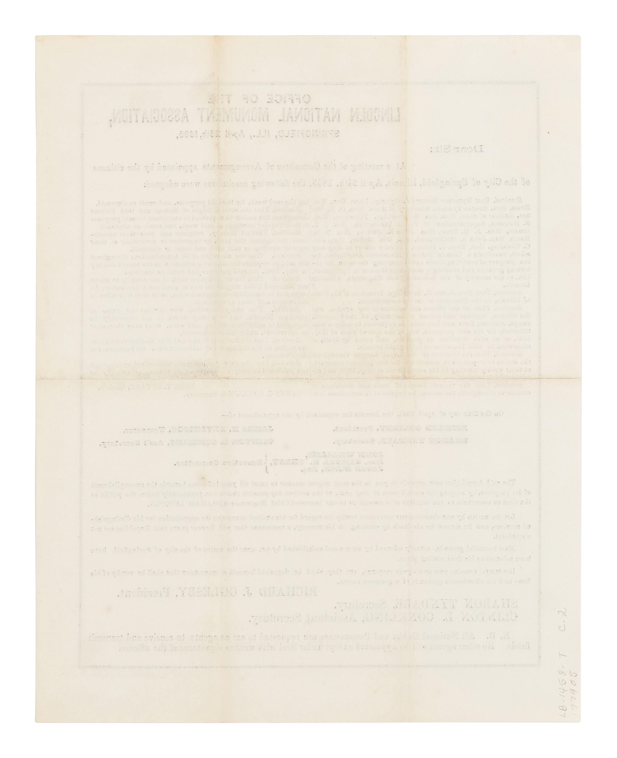 [LINCOLN NATIONAL MONUMENT]. OGLESBY, Richard J. (1824-1899). A printed broadside. Springfield: Lincoln National Monument Association, 26 April 1865.