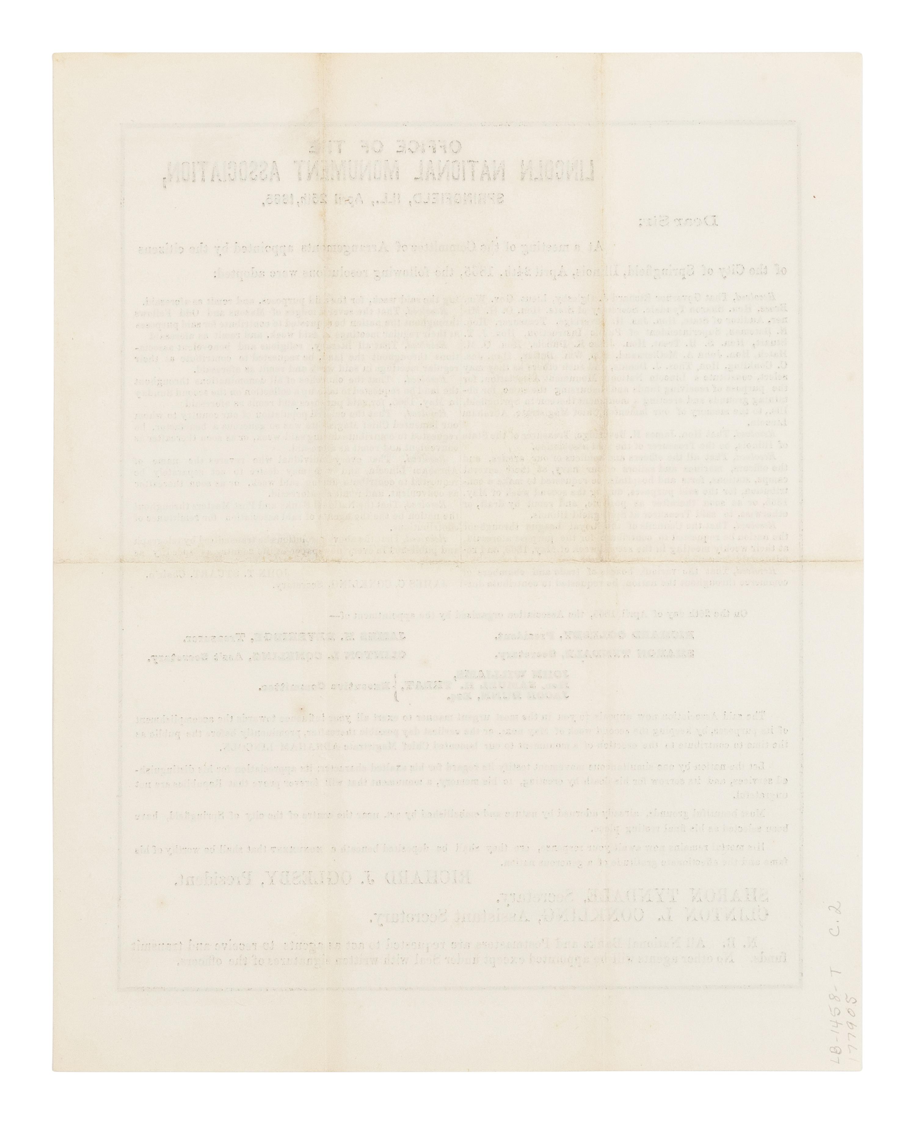[LINCOLN NATIONAL MONUMENT]. OGLESBY, Richard J. (1824-1899). A printed broadside. Springfield: Lincoln National Monument Association, 26 April 1865.