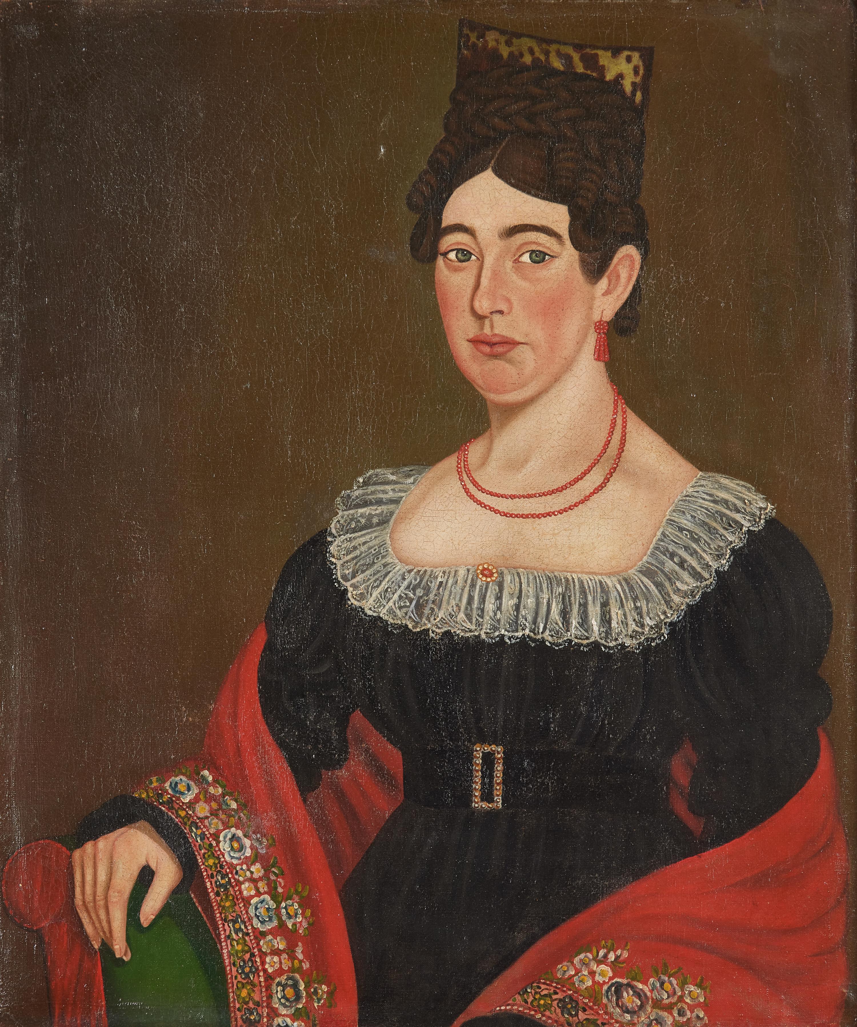 Micah Williams (1782-1837), A Portrait of a Lady with Coral Earrings and Embroidered Shawl