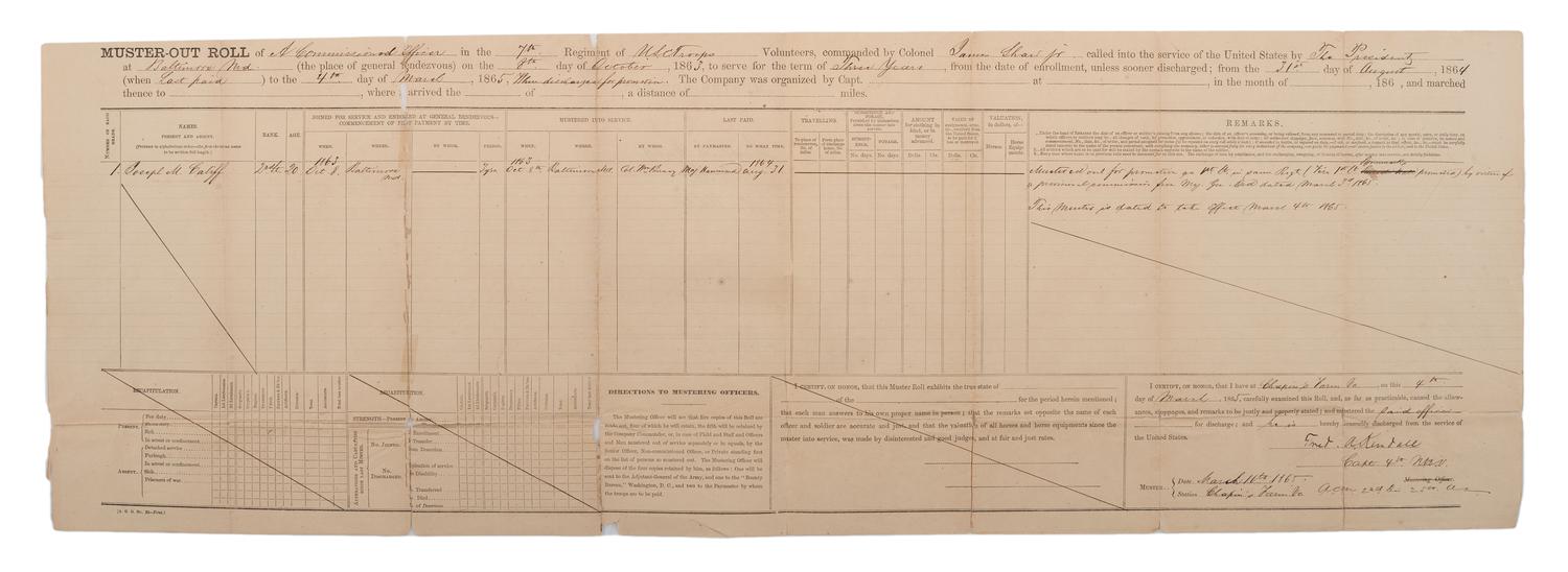 [CIVIL WAR]. A group of 9 documents related to the 7th US Colored Troops including muster rolls and appointments for 2nd Lieutenant Joseph M. Califf.