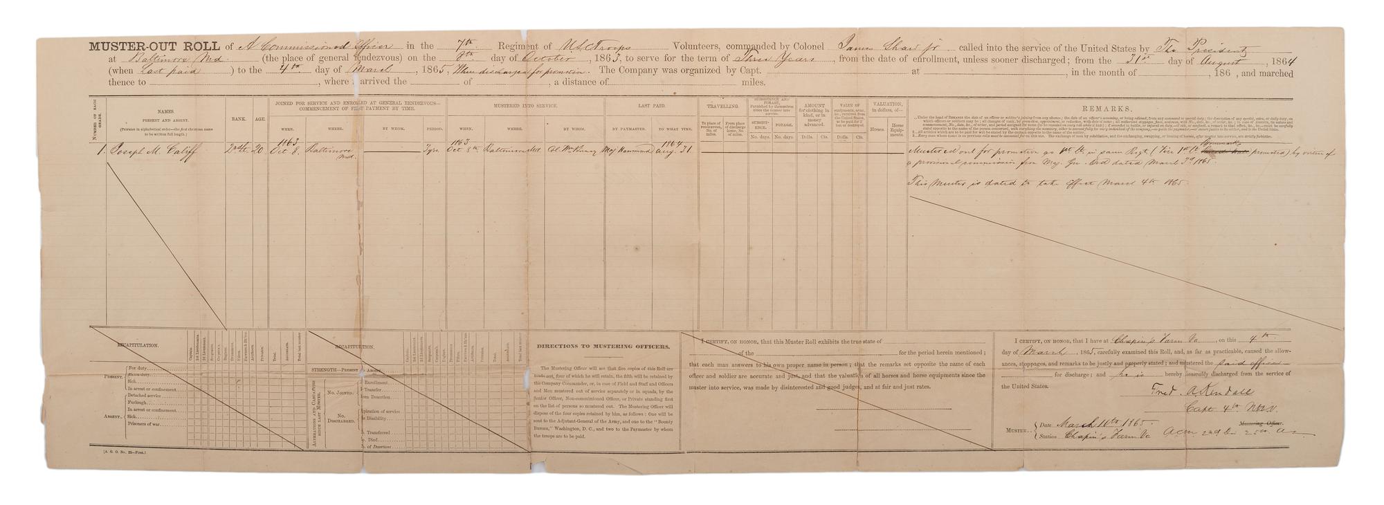 [CIVIL WAR]. A group of 9 documents related to the 7th US Colored Troops including muster rolls and appointments for 2nd Lieutenant Joseph M. Califf.