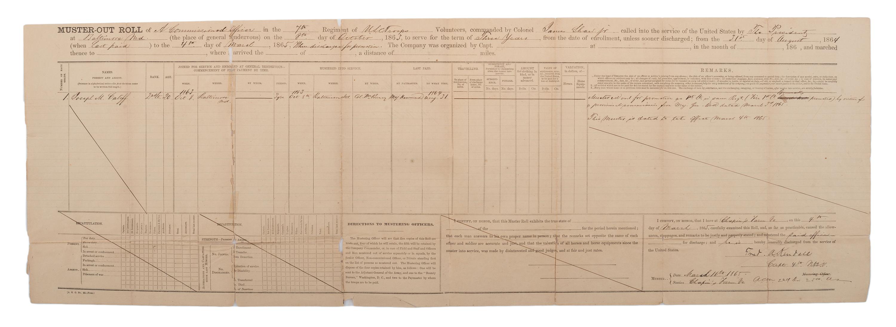 [CIVIL WAR]. A group of 9 documents related to the 7th US Colored Troops including muster rolls and appointments for 2nd Lieutenant Joseph M. Califf.