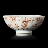 A Chinese Iron-Red Painted "Foreigners" Bowl, 18th Century — 清中期 礬紅彩人物故事圖碗