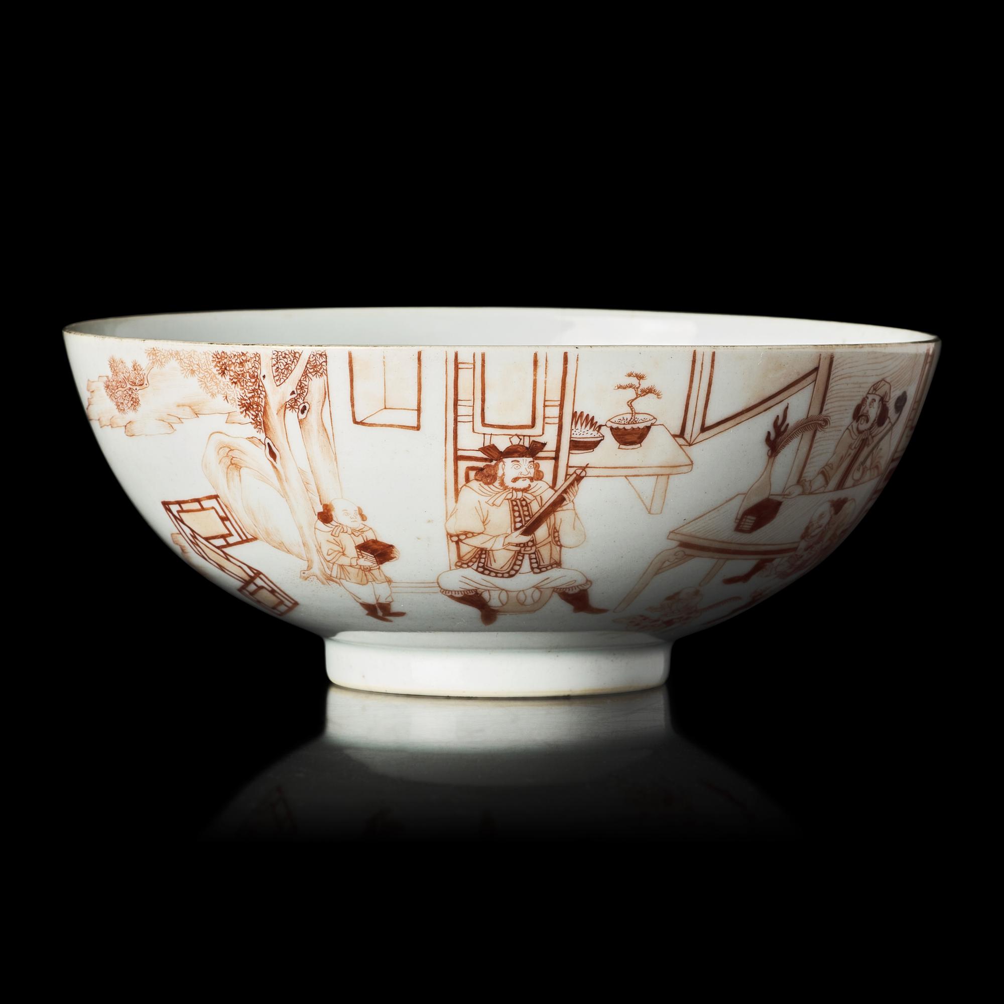 A Chinese Iron-Red Painted "Foreigners" Bowl, 18th Century — 清中期 礬紅彩人物故事圖碗