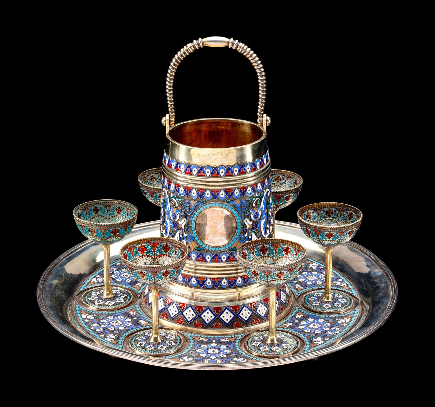 A Russian Enameled Silver and Plique-a-Jour Enamel Drink Service