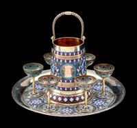 A Russian Enameled Silver and Plique-a-Jour Enamel Drink Service