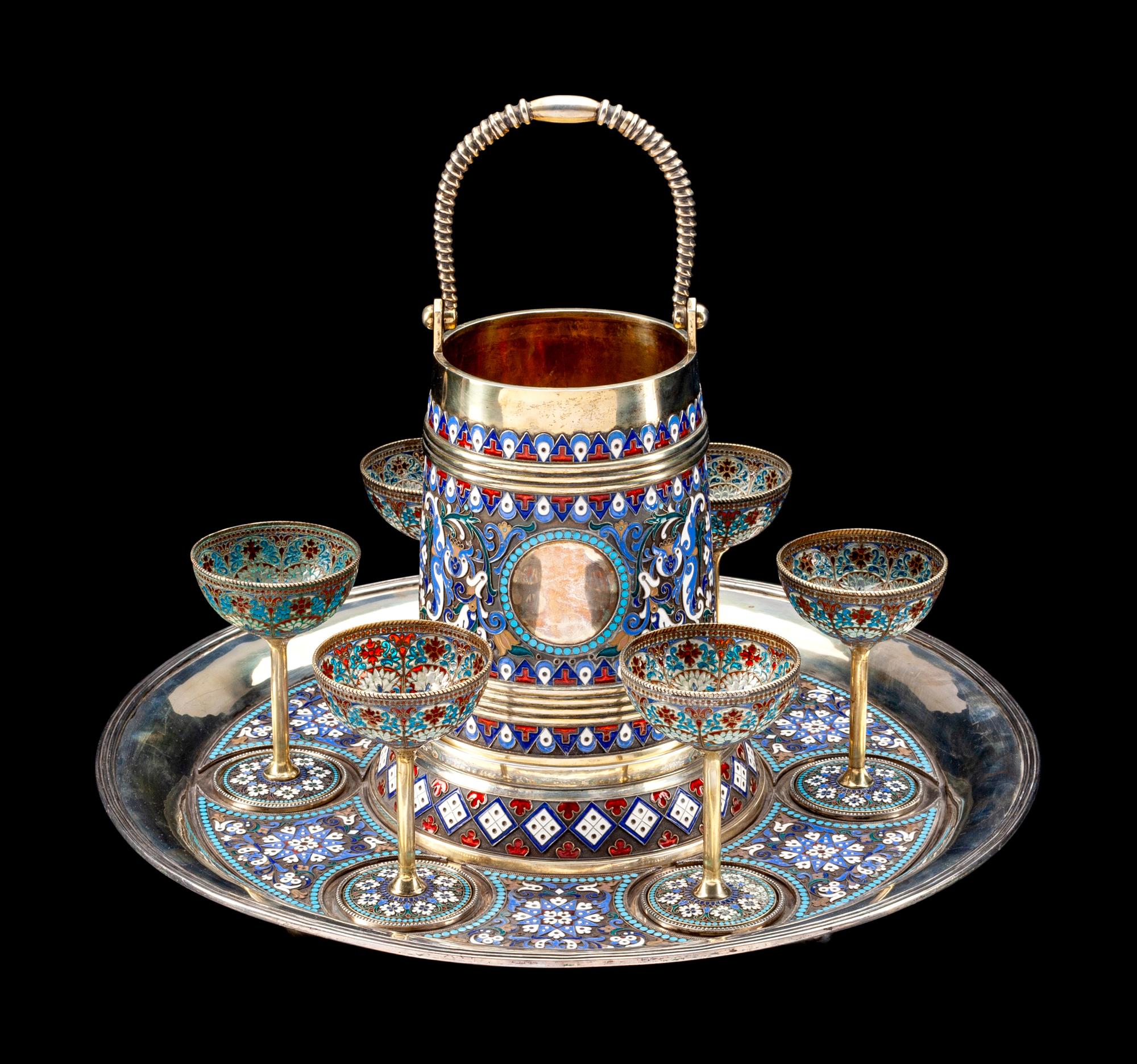 A Russian Enameled Silver and Plique-a-Jour Enamel Drink Service