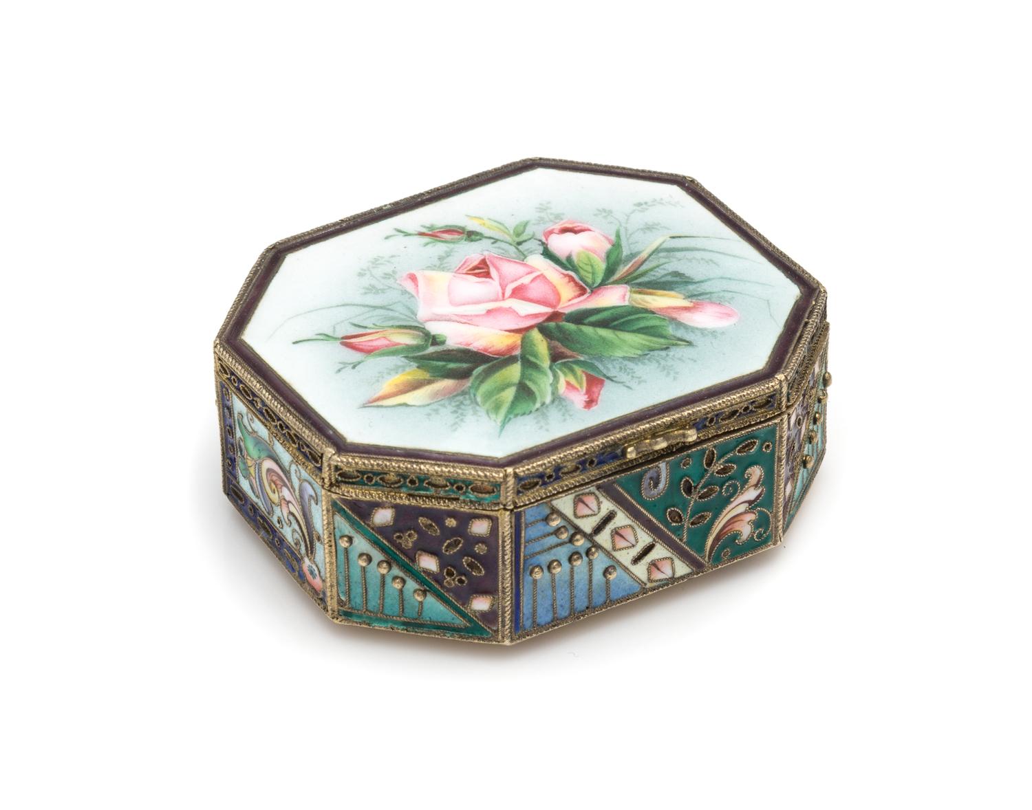 A Russian Enameled Silver Snuff Box, Mark of Konstantin Skvortsov, Moscow, Late 19th/Early 20th Century, of elongated octagonal form, t
