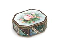 A Russian Enameled Silver Snuff Box, Mark of Konstantin Skvortsov, Moscow, Late 19th/Early 20th Century, of elongated octagonal form, t