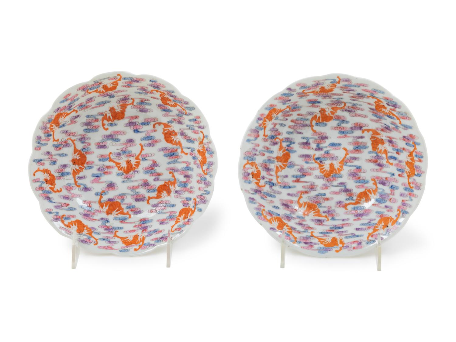 A Pair of Famille Rose Porcelain 'Bat and Cloud' Shallow Bowls