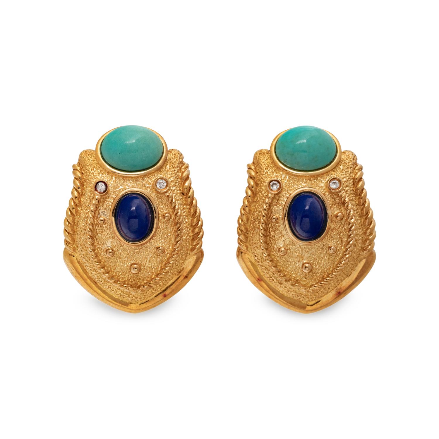 YELLOW GOLD, TURQUOISE, LAPIS LAZULI AND DIAMOND EARRINGS
