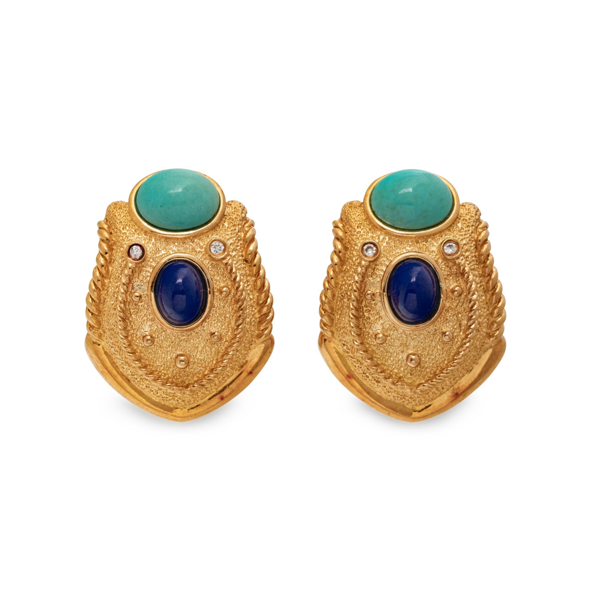 YELLOW GOLD, TURQUOISE, LAPIS LAZULI AND DIAMOND EARRINGS