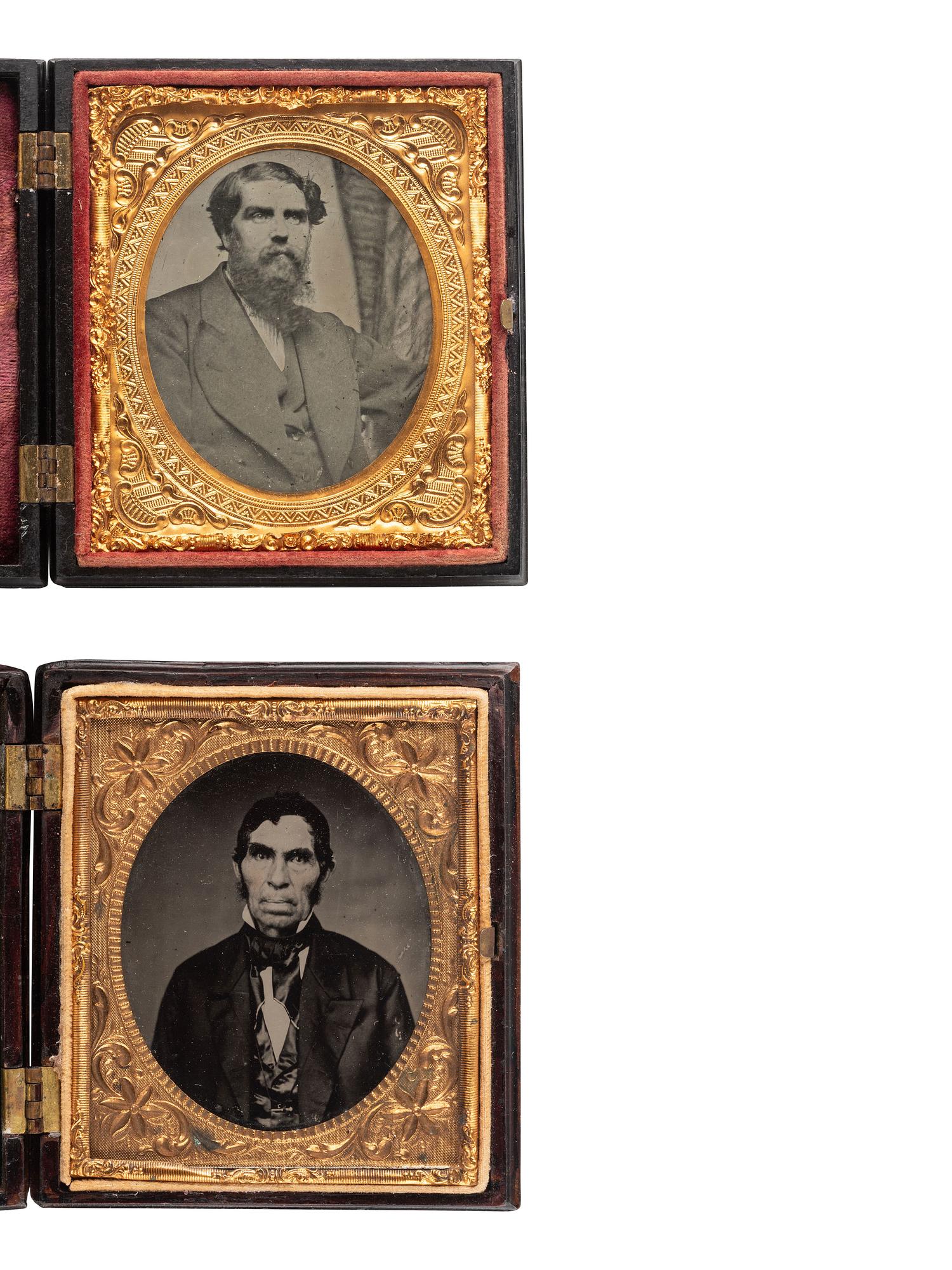[EARLY PHOTOGRAPHY]. 10 figural and floral sixth plate Union cases containing portraits of men.