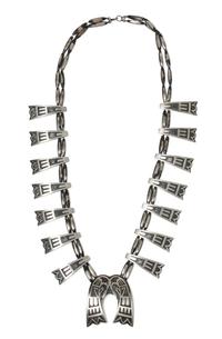 A Hopi Overlay Necklace Length 28 inches; naja height 2 1/4 x width 2 1/8 inches.