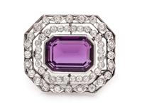 An Art Deco Platinum, Amethyst and Diamond Pendant/Brooch, 10.30 dwts.