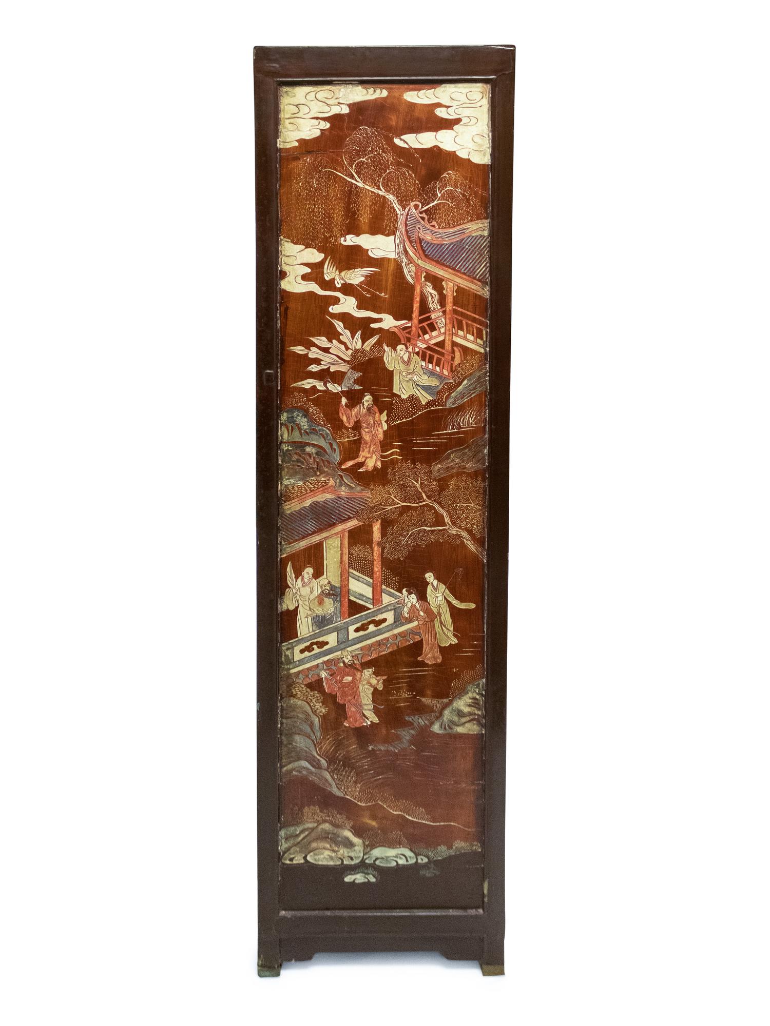 A Pair of Chinese Two-Door Brown Lacquered Cabinets with Polychrome Inset Panels — 19TH CENTURY