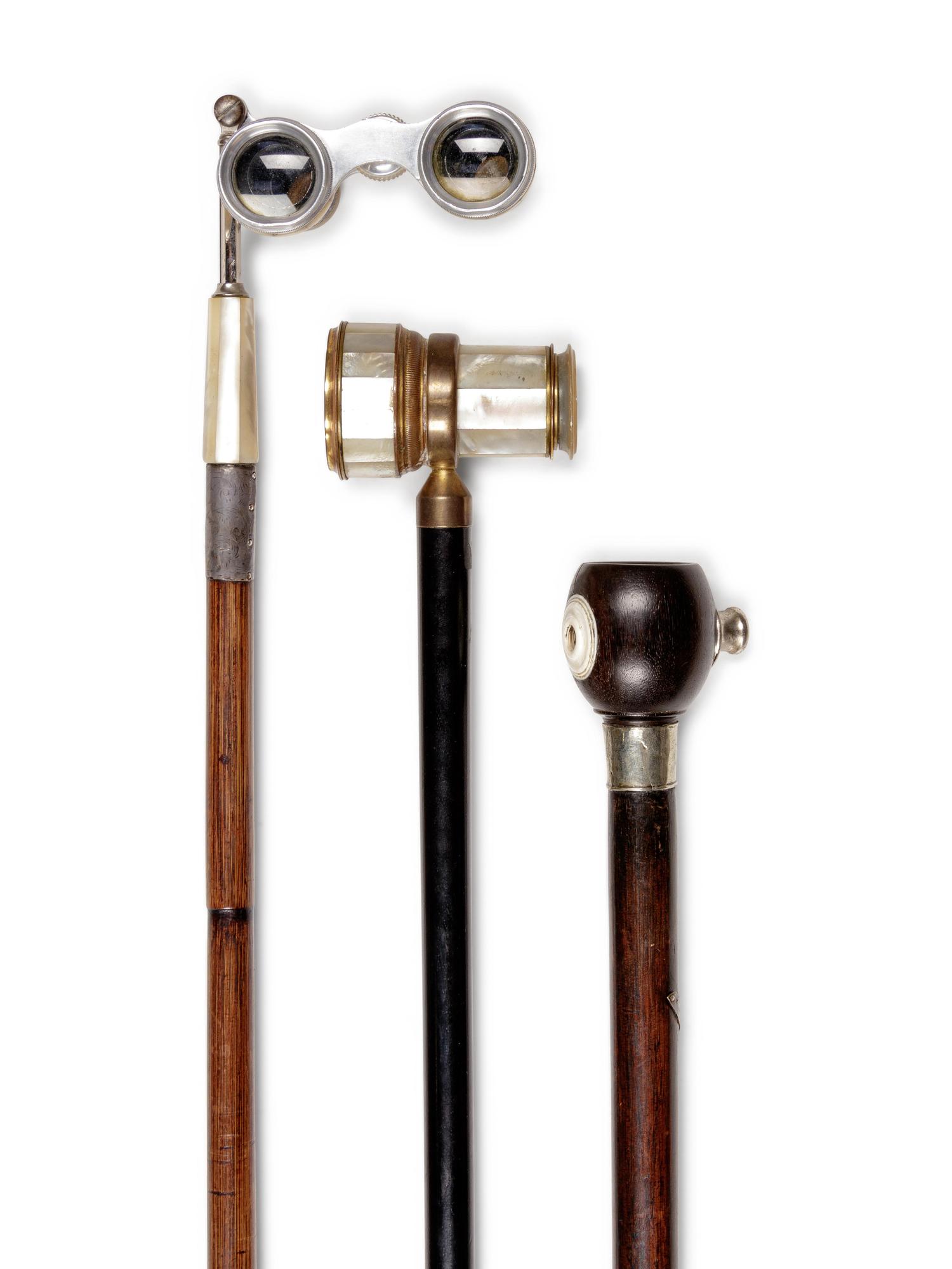 Two Mother-of-Pearl and Brass Mounted Opera Glass Mounted Walking Sticks