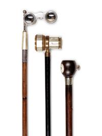 Two Mother-of-Pearl and Brass Mounted Opera Glass Mounted Walking Sticks