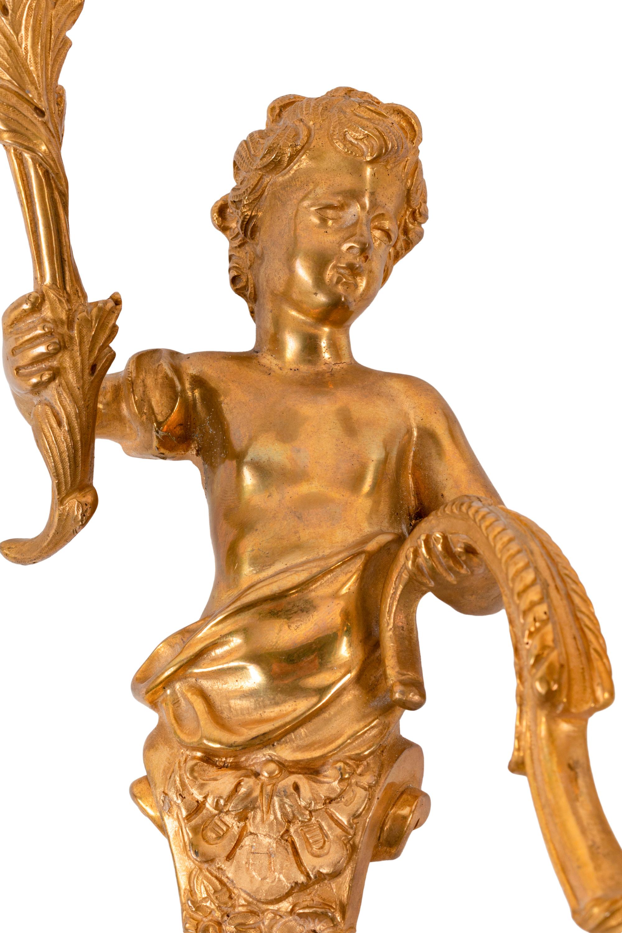 A Pair of Louis XV Style Gilt Bronze Figural Two-Light Sconces