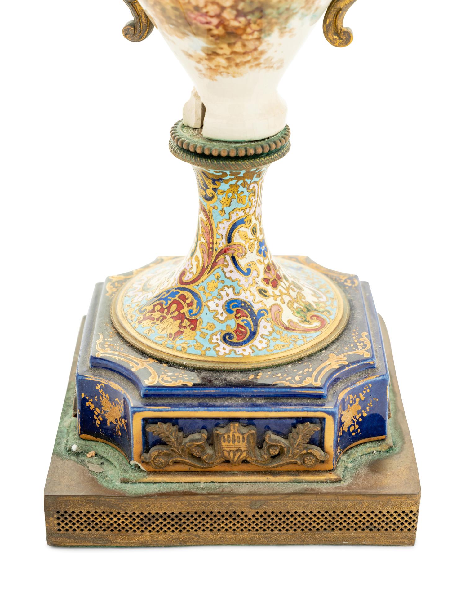 A Sèvres Style Gilt Bronze Mounted Porcelain and Champlevé Urn Mounted as a Lamp